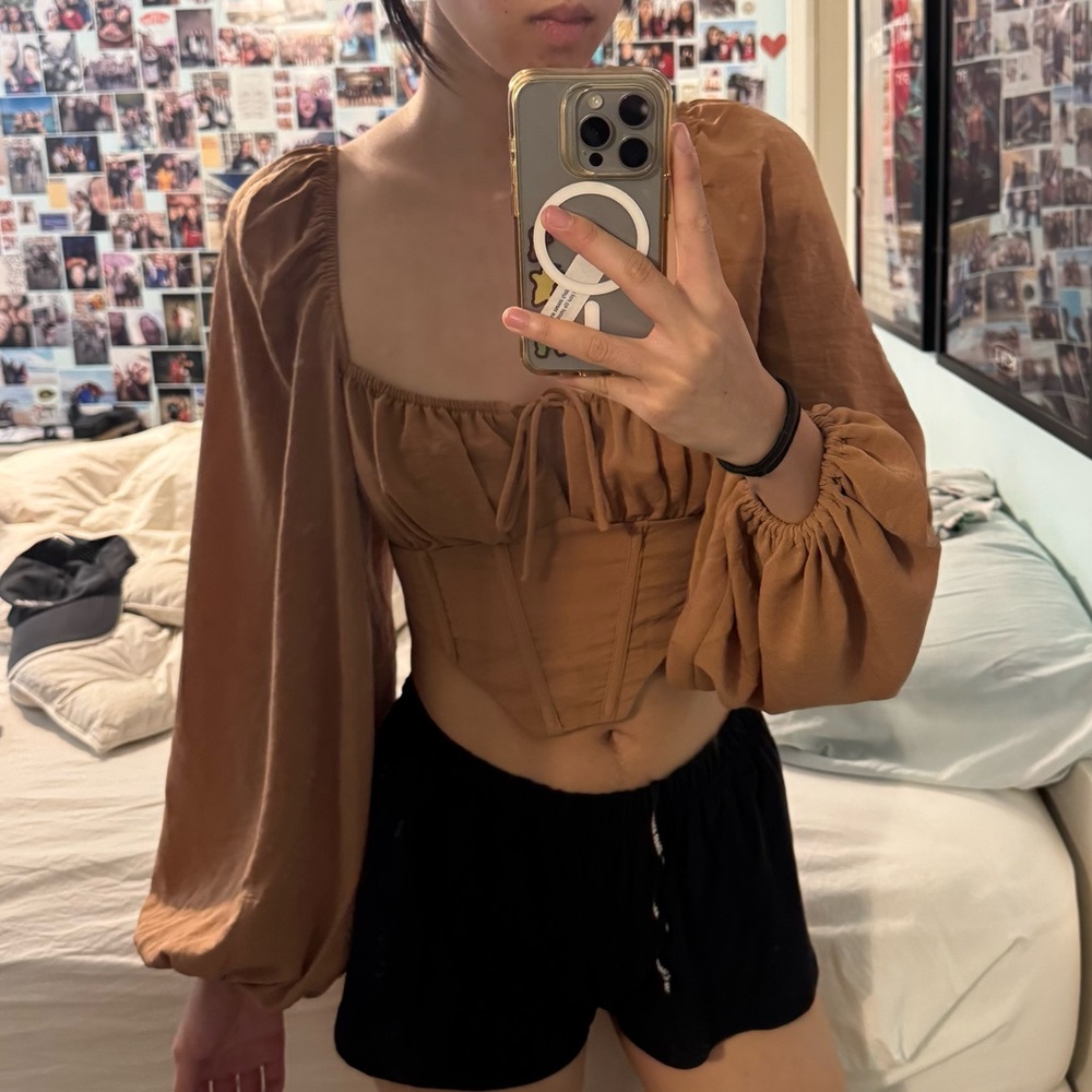 princess polly Tan corset top with balloon sleeve